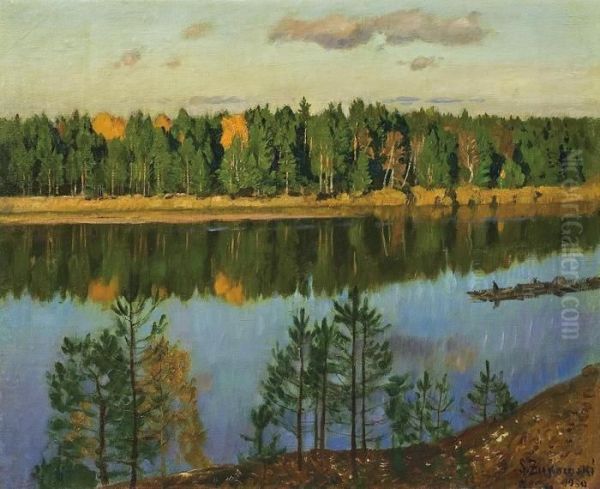 Autumn By The Niemen River Oil Painting by Stanislaw Zukowski