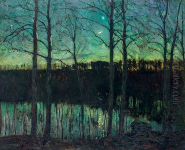 Moonlit River Landscape Oil Painting by Stanislaw Zukowski