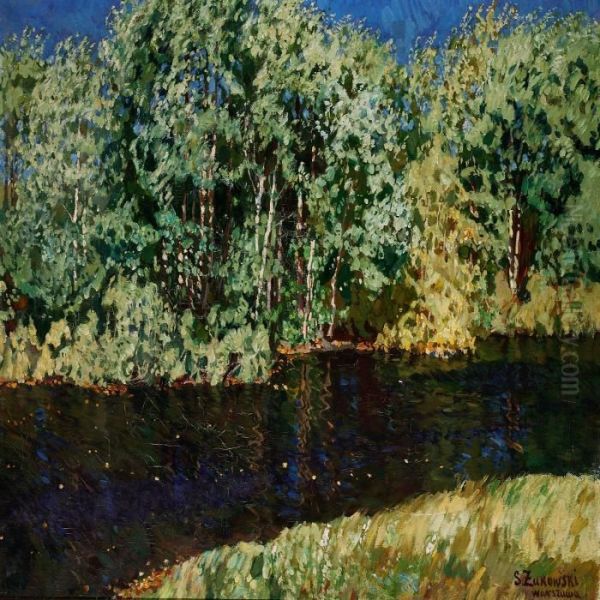 Windy Summer Day With Birches At A River Oil Painting by Stanislaw Zukowski