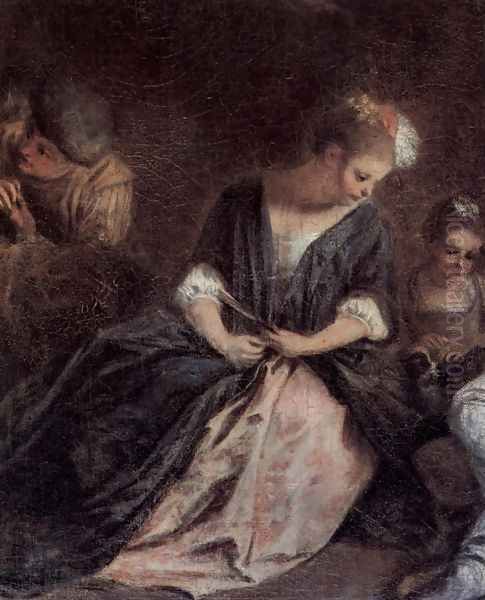 The pastime of the Italian Komoedianten (detail) Oil Painting by Jean-Antoine Watteau