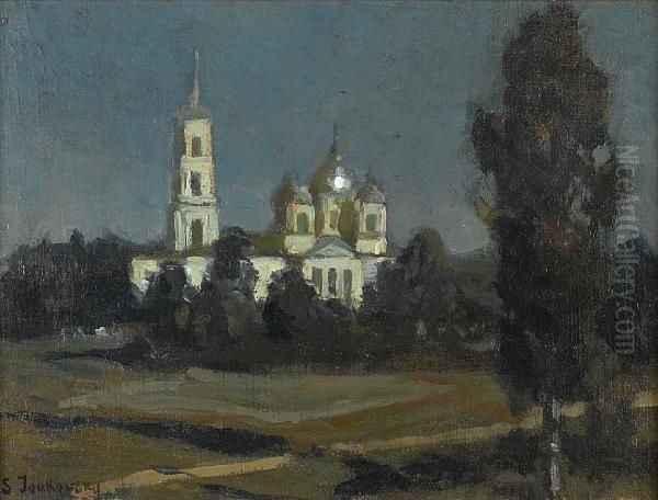 Church Cupolas Bathed In Moonlight Oil Painting by Stanislaw Zukowski