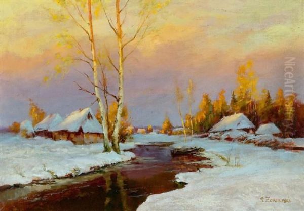 Winter Landscape With River. Oil Painting by Stanislaw Zukowski