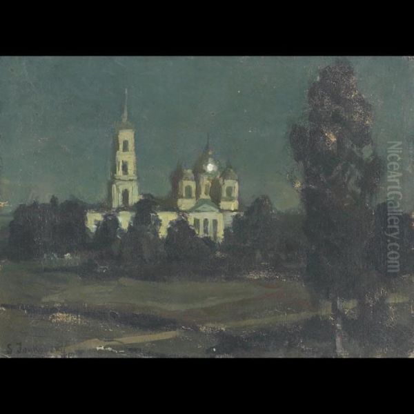 Evening Landscape With Monastry Oil Painting by Stanislaw Zukowski