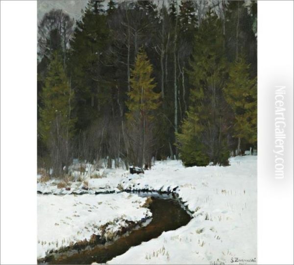 Landscape With A Snow-covered River Oil Painting by Stanislaw Zukowski