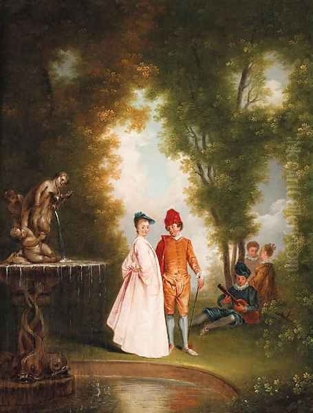 An elegant couple by a sculpted fountain Oil Painting by Jean-Antoine Watteau