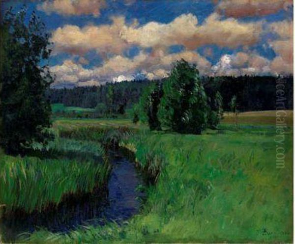 River Scene Oil Painting by Stanislaw Zukowski