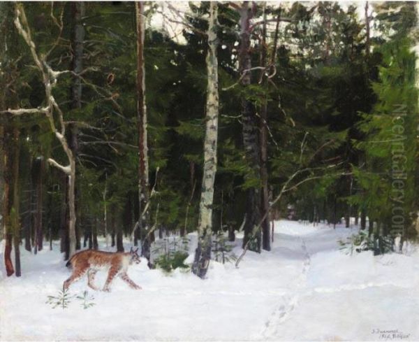 Lynx In Wood Clearing Oil Painting by Stanislaw Zukowski