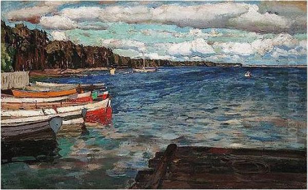 Boats Moored On The River Aa Oil Painting by Stanislaw Zukowski