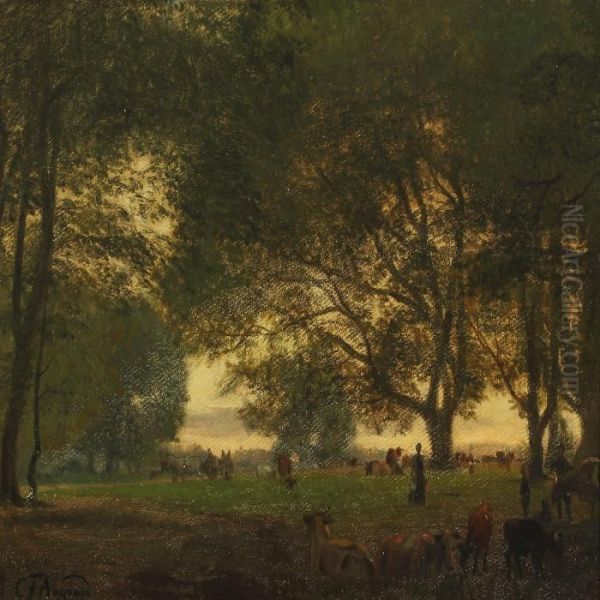 En Malkeplads Ved Solnedgang, Fra Jaegersborg Dyrehave Oil Painting by Carl Frederick Aagaard