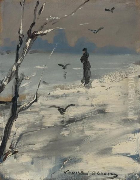 An Elegant Woman, Said To Be Sarah Bernhardt, On A Winter's Walk Oil Painting by Louise Abbema