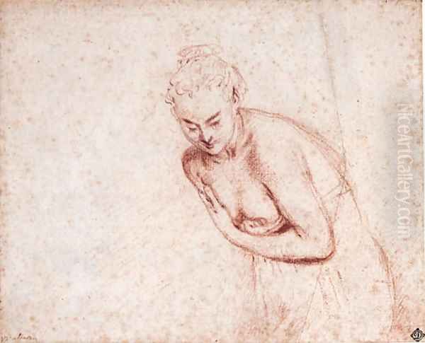 A female nude, half-length, in a shift leaning forward with her hands concealing her breasts Oil Painting by Jean-Antoine Watteau