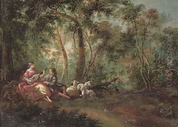 A wooded river landscape with a shepherd and shepherdess making music Oil Painting by Jean-Antoine Watteau