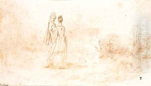 An elegant couple walking in an extensive landscape Oil Painting by Jean-Antoine Watteau