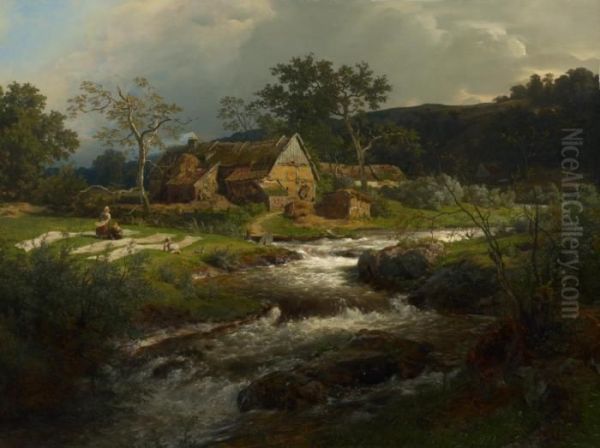 Landschaft Mit Bauernhaus Und Wildbach Oil Painting by Andreas Achenbach