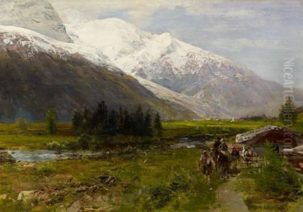 Mountain Landscape With Travelers At Mont Blanc Oil Painting by Oswald Achenbach