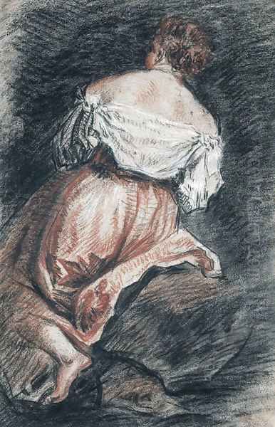 A seated woman seen from behind, after Bassano Oil Painting by Jean-Antoine Watteau