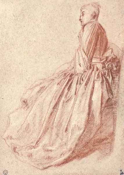 A woman in a long dress, seated in profile to the left Oil Painting by Jean-Antoine Watteau