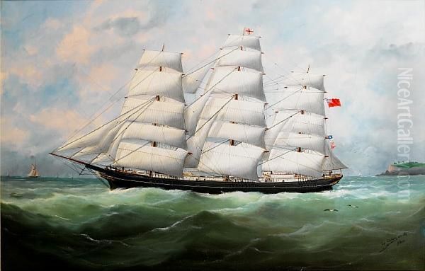 The Full-rigger King Ceolric Running Down The Coast Under Full Sail Oil Painting by Marie-Edouard Adam Of Le Havre