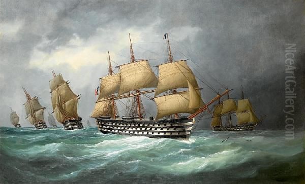 The First French Steam Battlefleet In Formation At Sea Oil Painting by Marie-Edouard Adam Of Le Havre