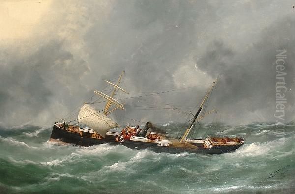 Steam Sailing Ship Finsbury In A Stormy Sea Oil Painting by Marie-Edouard Adam Of Le Havre