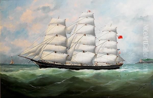 The Full-rigger 'king Ceolric' Running Down The Coast Under Full Sail Oil Painting by Marie-Edouard Adam Of Le Havre