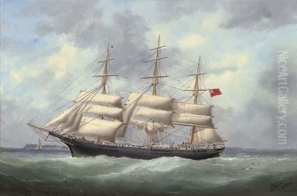 The Full-rigger Austriana Reducing Sail And Calling For A Pilot Oil Painting by Marie-Edouard Adam Of Le Havre