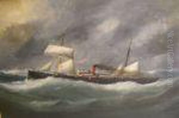 Steam Ship On Squally Seas Oil Painting by Marie-Edouard Adam Of Le Havre