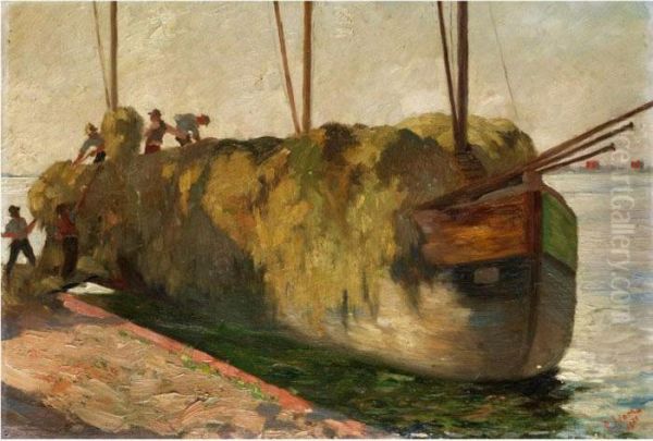 Manner Beim Beladen Eines Kahnes Mit Heu Oil Painting by Emil Adam