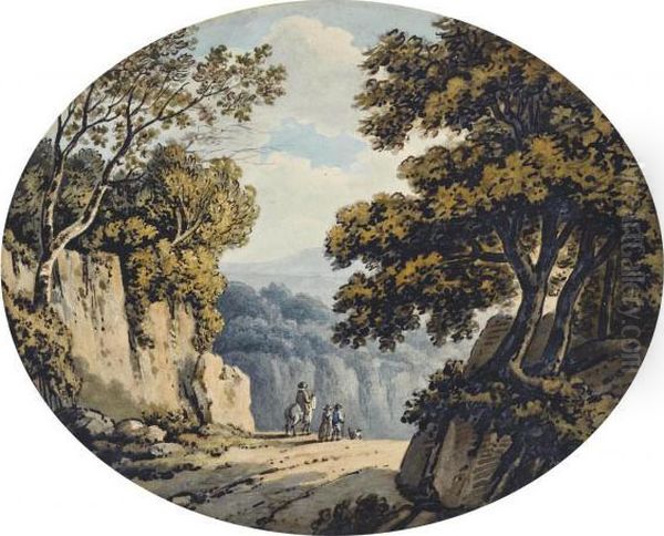 Travellers Admiring The View From The Edge Of A Gorge Oil Painting by Robert Adam