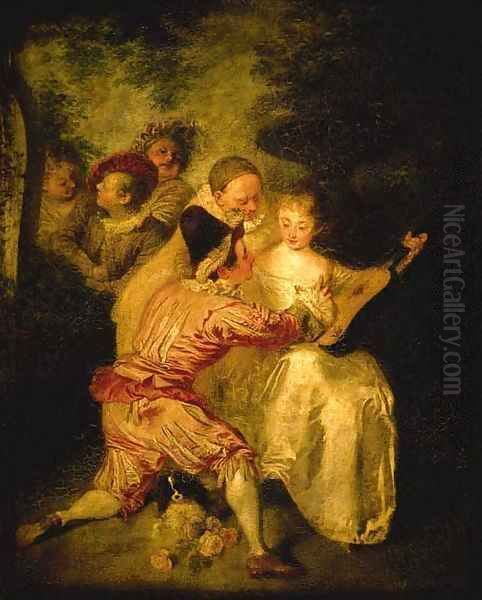 Le Conteur Artists from the Commedia dell'Arte in a landscape Oil Painting by Jean-Antoine Watteau