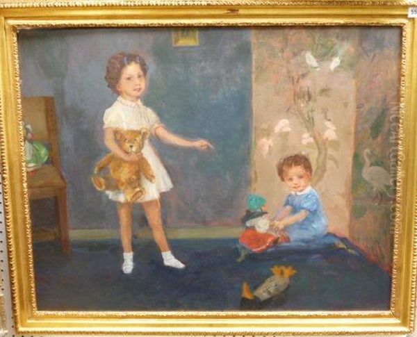 Two Clidren Playing With Toys In A Nursery Oil Painting by Sydney Adamson