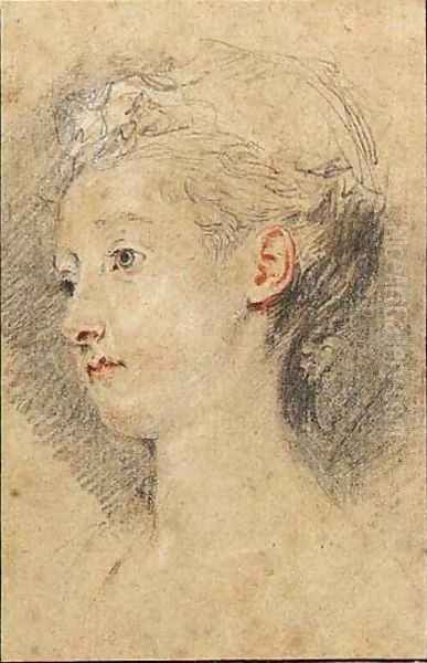 Head of a young girl turned to the left Oil Painting by Jean-Antoine Watteau