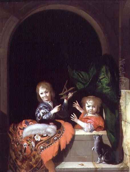 Two Children with a Mousetrap, 1692 Oil Painting by Adriaen Van Der Werff