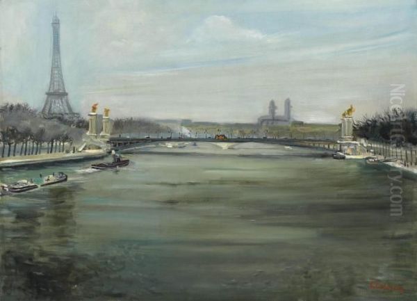 La Seine A Paris Oil Painting by Lucien Adrion