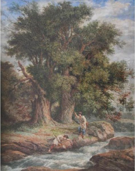 Wooded Landscape With Two Boys Fishing In A Stream Oil Painting by Agostino Aglio