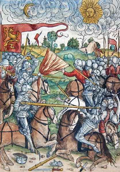 The battle of Gibeon and the sun and moon standing still at the request of Joshua, from Le tresor, ou recipient de la vraie richesse du salut de la beatitude eternelle by Koberger, published in Nuernberg, 1491 Oil Painting by Michael Wolgemut