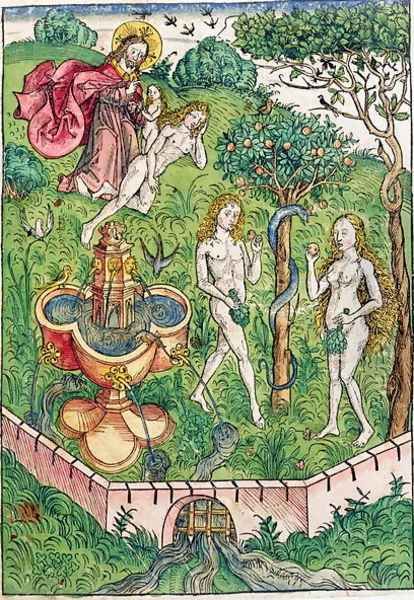 The Creation and the Temptation of Adam and Eve, from Le tresor, ou recipient de la vraie richesse du salut de la beatitude eternelle by Koberger, published in Nuernberg, 1491 Oil Painting by Michael Wolgemut