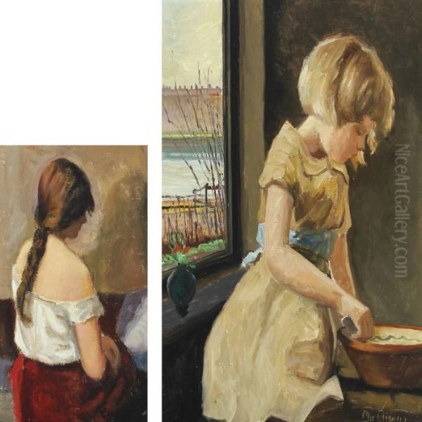 A Girl By Window And Portrait Of A Woman Oil Painting by Christian Aigens