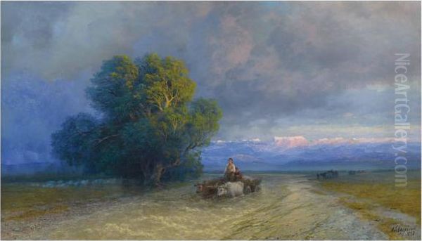 Ox Cart Crossing A Flooded Plain Oil Painting by Ivan Konstantinovich Aivazovsky