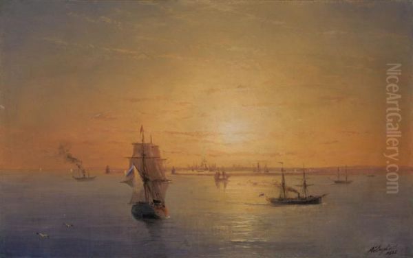 Russian Fleet At Sunset Oil Painting by Ivan Konstantinovich Aivazovsky