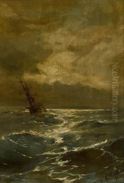 A Ship In Stormy Seas Oil Painting by Ivan Konstantinovich Aivazovsky