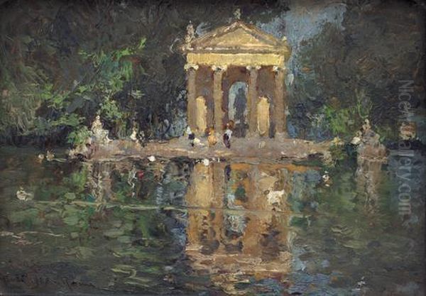 Villa Borghese - Il Tempietto Di Esculapio - Roma Oil Painting by Lidio Ajmone