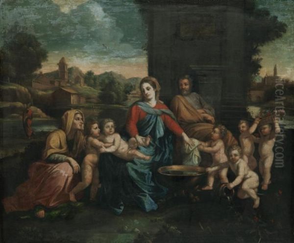 Landskap Med Den Heliga Familjen Och St. Anna Oil Painting by Francesco Albani