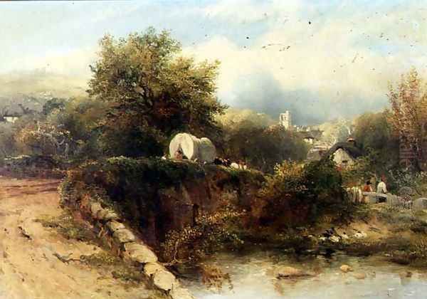 A covered waggon crossing a bridge with a village beyond Oil Painting by George Frederick Watts