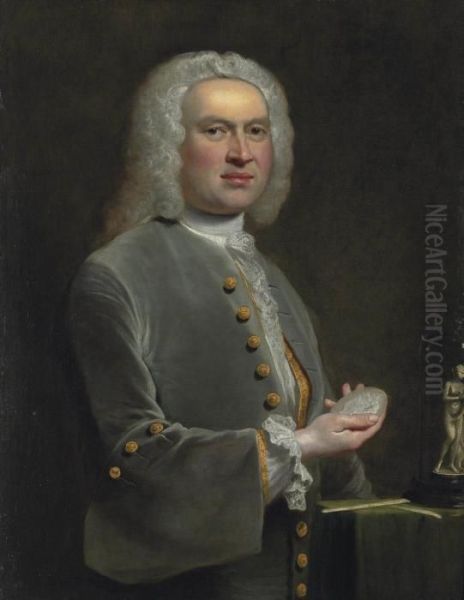 Portrait Of A Sculptor, 
Half-length, In A Grey Coat With Gold Buttons And A Lace Shirt, Holding A
 Medallion Oil Painting by Alexandre Joseph Alexandrovitch