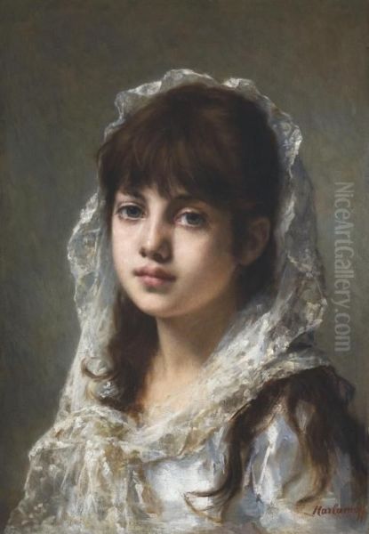 Portrait Of A Young Girl Wearing A White Veil Oil Painting by Alexei Alexeivich Harlamoff