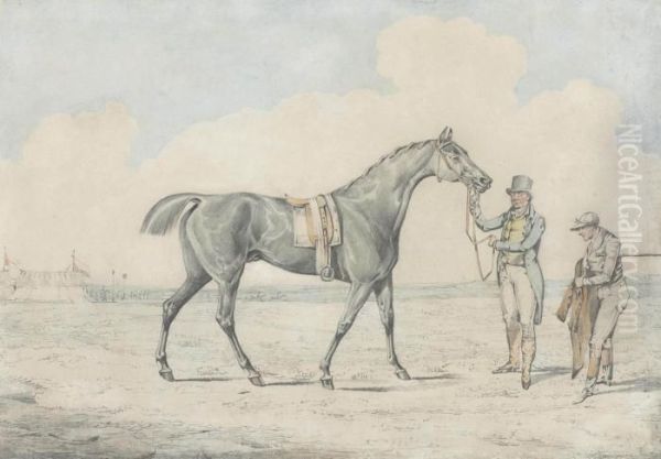 A Racehorse With A Handler And Jockey Oil Painting by Henry Thomas Alken