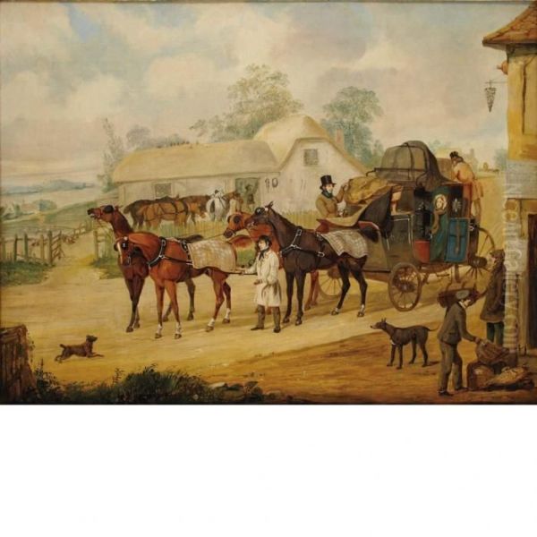 A Coach Stopping At An Inn Oil Painting by Henry Thomas Alken