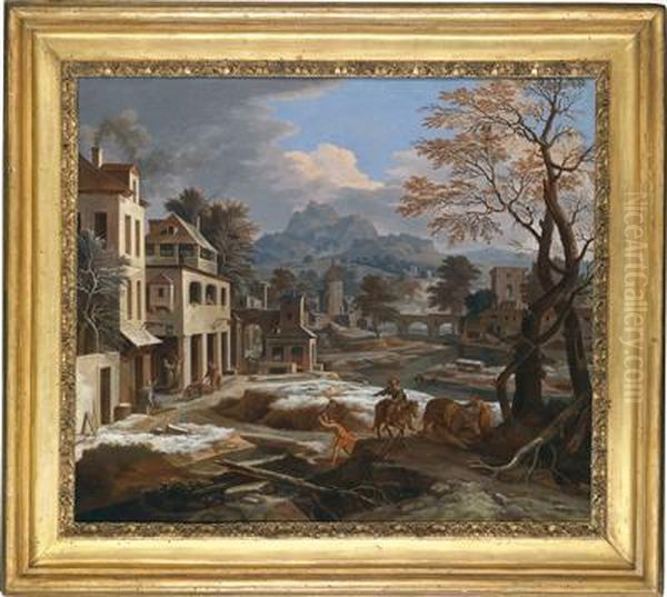 A Winter Landscape With A Town By A River Oil Painting by Etienne Allegrain