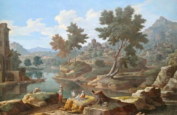 Weite Italienische 
Flusslandschaft Mit Architektur, Im Vordergrund Figurenstaffage Mit 
Wascherinnen Oil Painting by Etienne Allegrain